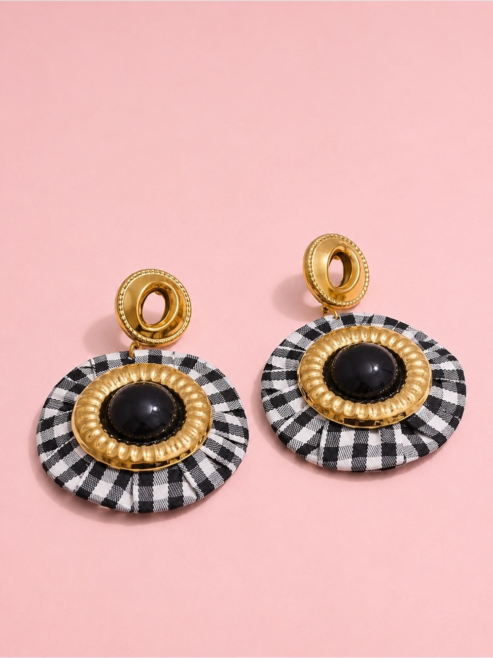 Parisian Chic Gingham Black Gold Earrings